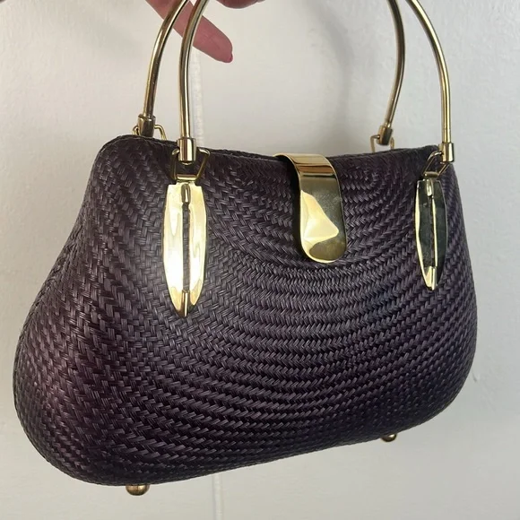 Desenyo Buntal hard form mini clutch handbag purple w/gold color accents - Picture 6 of 13